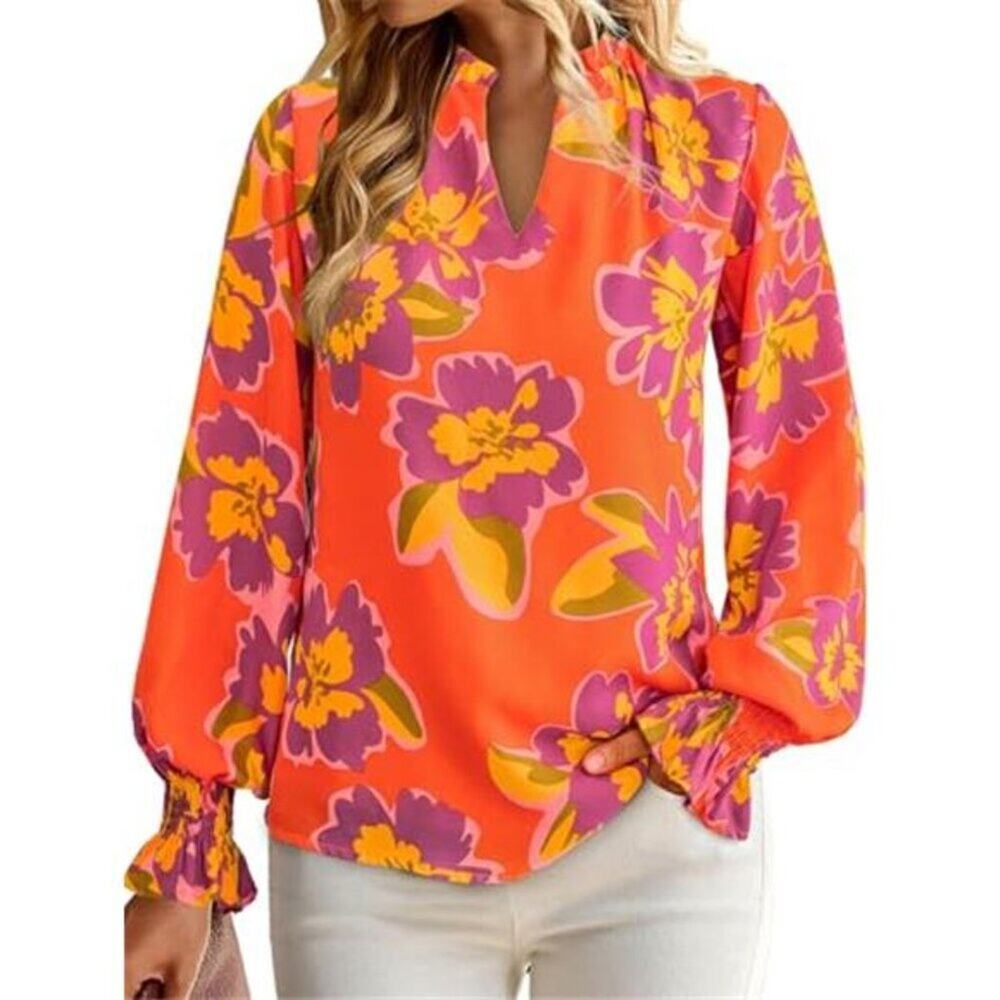 Floral V Neck Blouse Long Sleeve Puff Sleeve Casual Top Women Orange - Picture 6 of 6